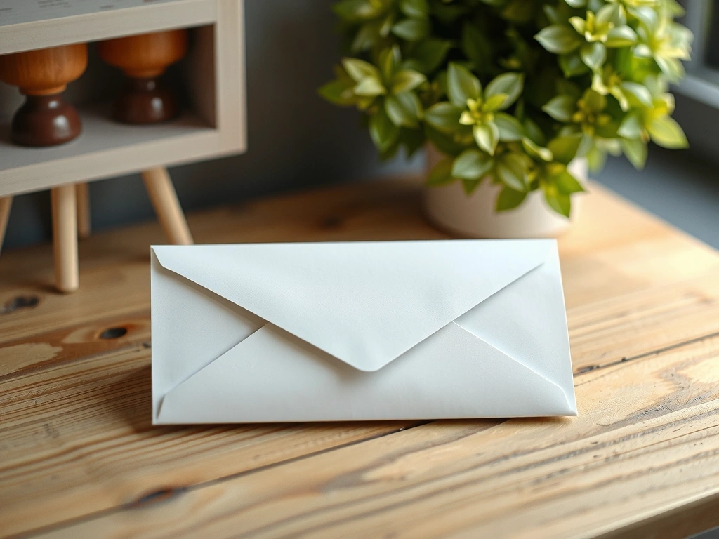 En slät, vit kuvert liggande på ett skrivbord