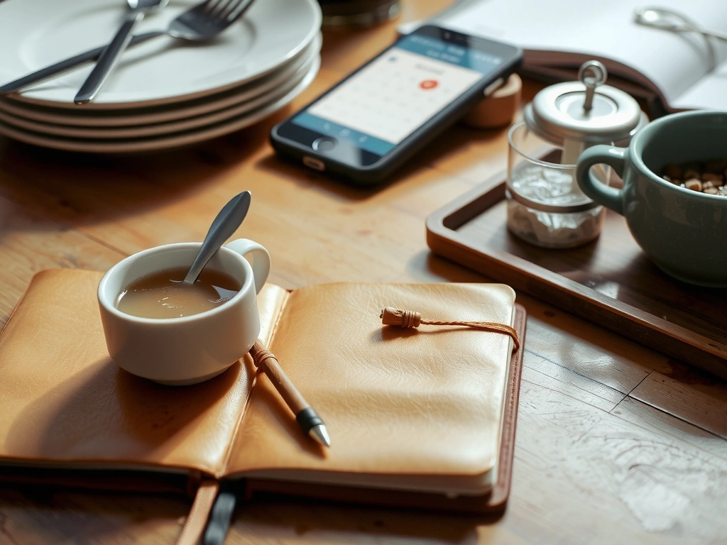 Köksbord med anteckningsbok och matplan